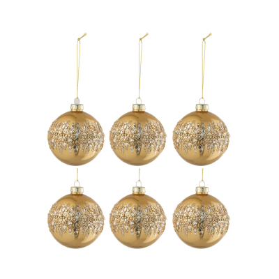 Lot de 6 boules de Noël dorées à paillettes et perles