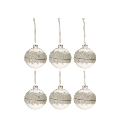 Lot de 6 boules de Noël transparentes à paillettes argentées