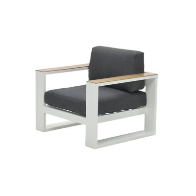 Fauteuil Lounge Cube blanc accoudoir look teak