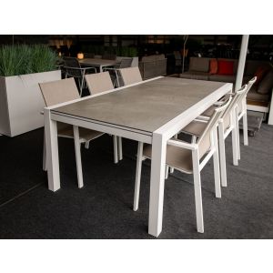 Ensemble de jardin blanc : Table extensible Livorno 220/330x106 céramique "Palladium Grey" + 8 fauteuils Beja 
